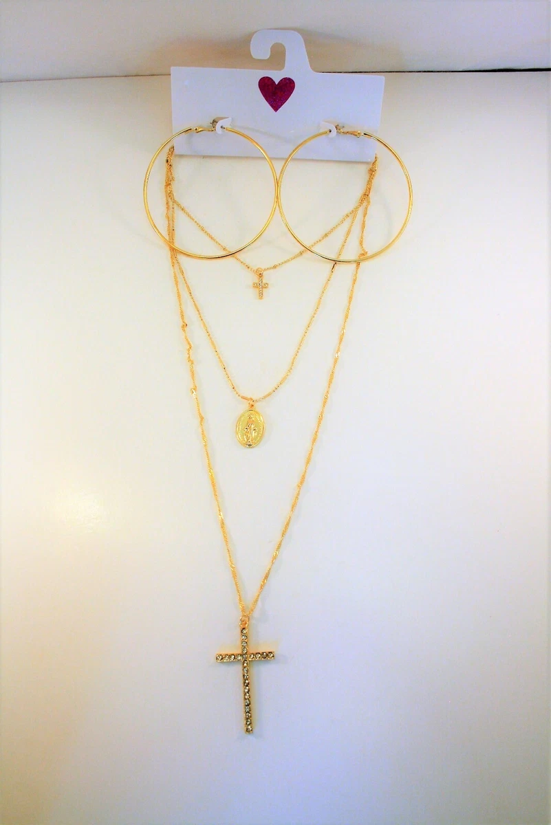 JC Penney gold tone 3 layer crystal cross pendants necklace 3