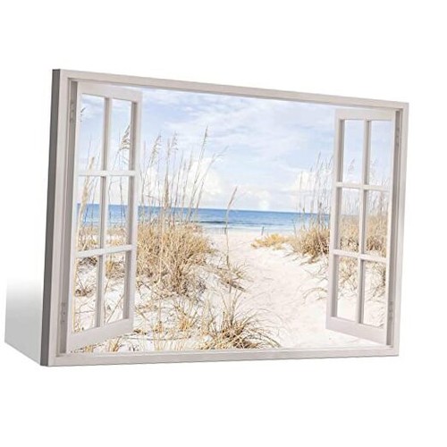 Bedroom Canvas Wall Art Picture: Large Beach Window View 48L" x 32W" Blue Ocean