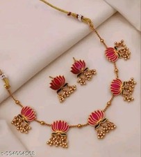 Lotus Design Handpainted South Indian Temple Necklace Earring Wedding Jewelry