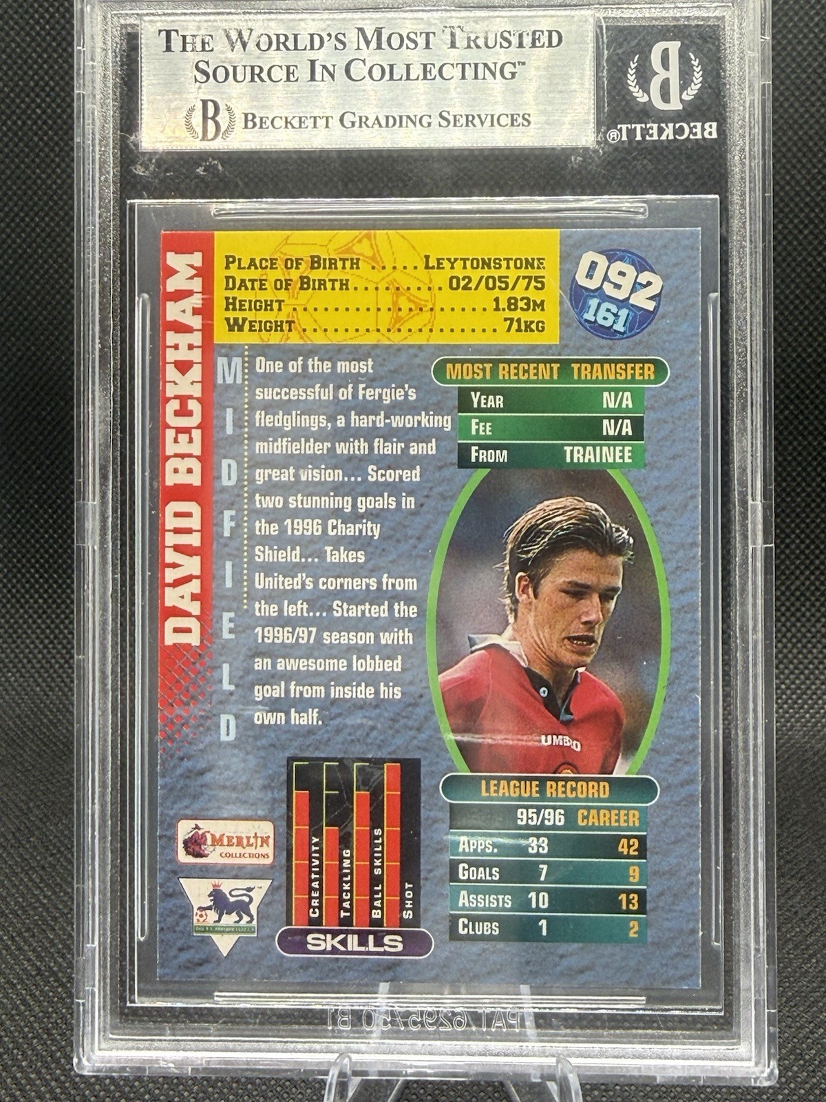 Merlin 1996-97 Premier Gold David Beckham Manchester United #092 BGS 8.5 view 2
