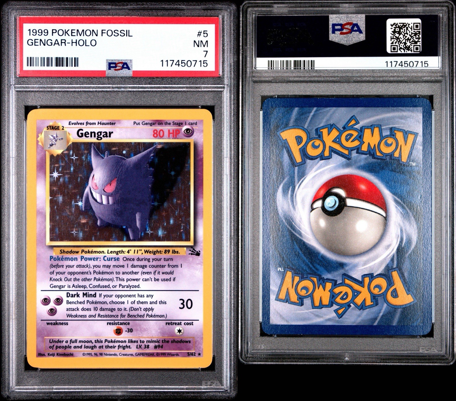 1999 Gengar Fossil Unlimited Holo 5/62 PSA 7 NM Pokemon Card