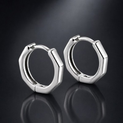 Solid 925 Sterling Silver Octagon Huggie Hoop Earrings 15mm Men Women