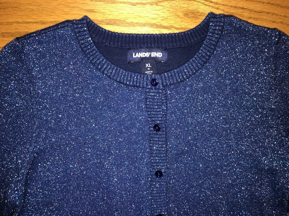Lands End девочек кардиган свитер 16 XL только носили один раз синий + металлические нити - Изображение 2 из 3