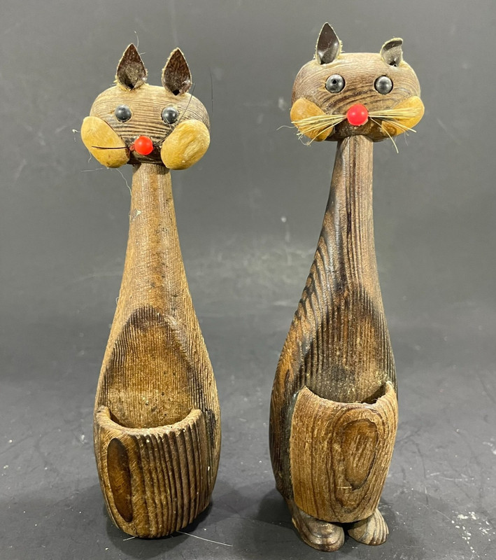 Hand Carved Cryptomeria Wood Mid Century Modern Cat Toothpick Holder - two