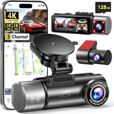 4K+2K+2K 3 Channel Dash Cam Front and Rear, 128GB Card Included, Dash Camera for