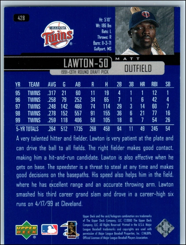 2000 Upper Deck - Matt Lawton #428 - Image 2 of 2