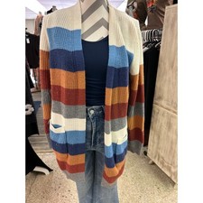 Striped Knit Cardigan Sweater Open Front Pockets Cozy Colorful, Size M