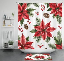Winter Red Green Poinsettia Christmas Shower Curtain Bathroom Accessories Set
