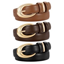 3 Pack Leather Belt for Jeans Pants Fashion Ladies Faux Leather Belt with Gol...