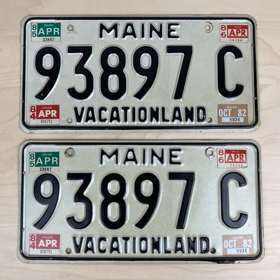 Vintage Maine License Plate 93897 C Vacationland APR 1986 SET / PAIR