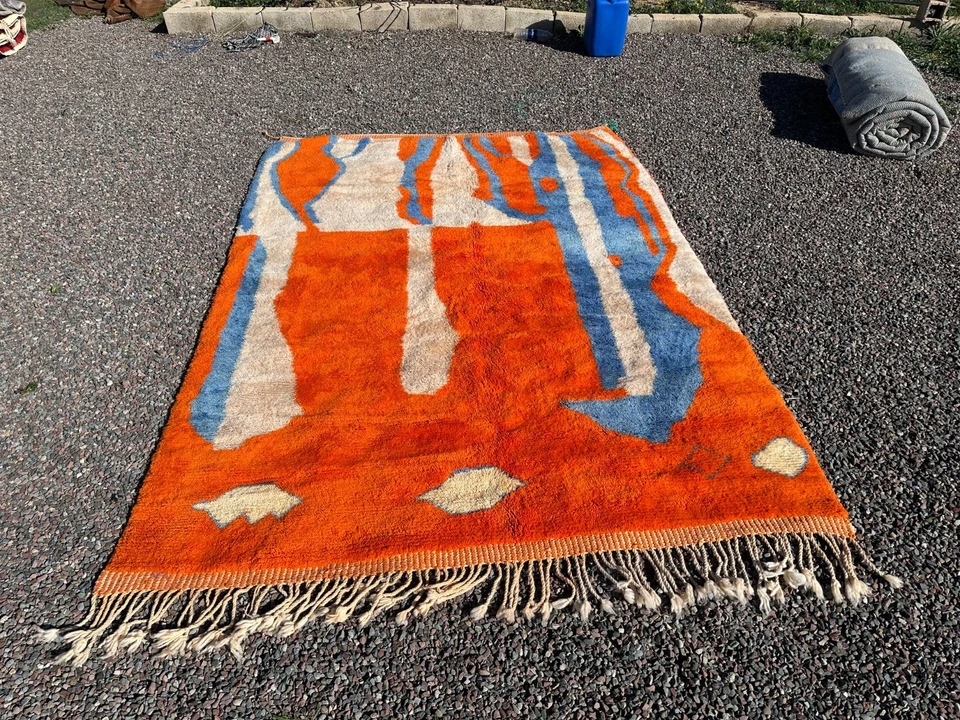 Large Moroccan Rug Abstract Berber Carpet Orange Blue Handmade Wool Boho Floor - Image 2 of 4