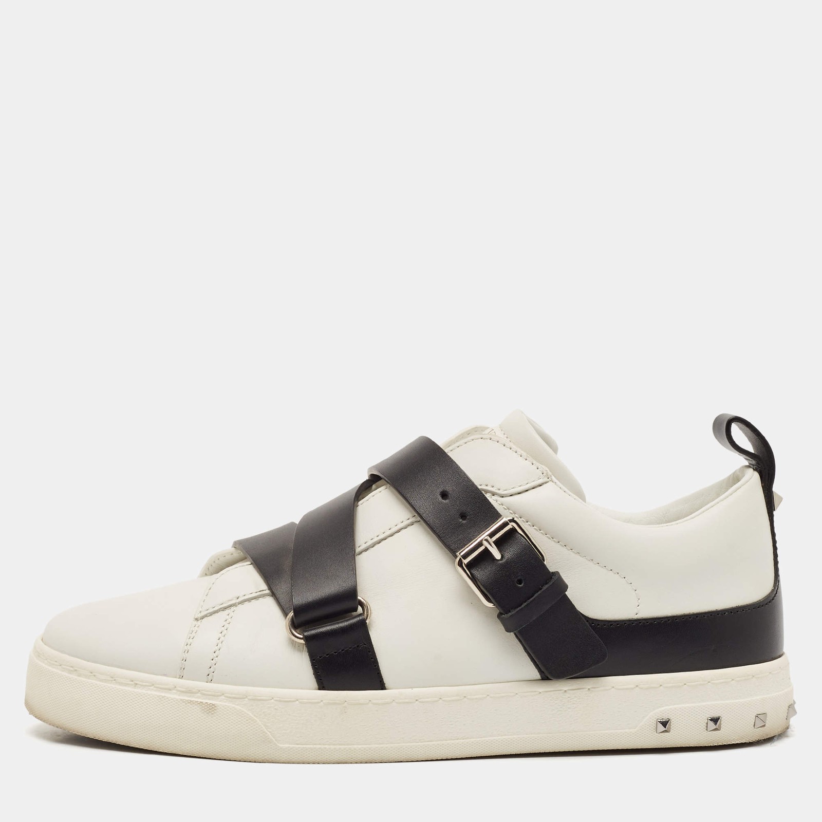 Valentino WhiteBlack Leather Buckle Strap Rockstud Low Top Sneakers Size 38.5