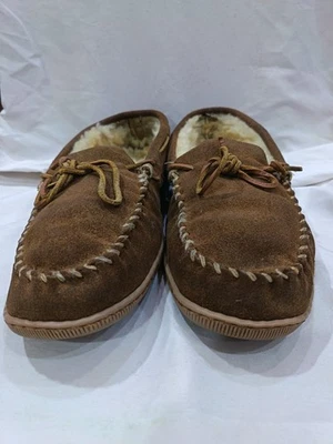 Minnetonka Moccasin Pile Lined Hardsole Slippers Mens Sz 11W Brown FREE SHIPPING - Image 1 of 4
