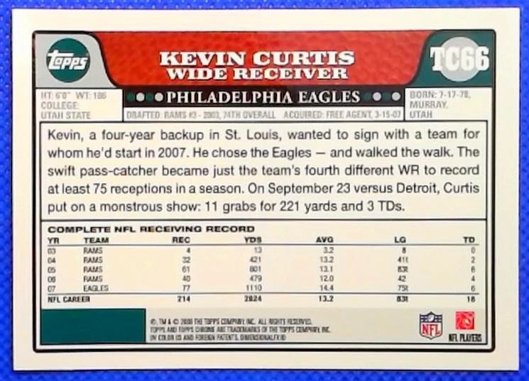 2008 Topps Chrome #TC66 Kevin Curtis Philadelphia Eagles - Image 2 of 2
