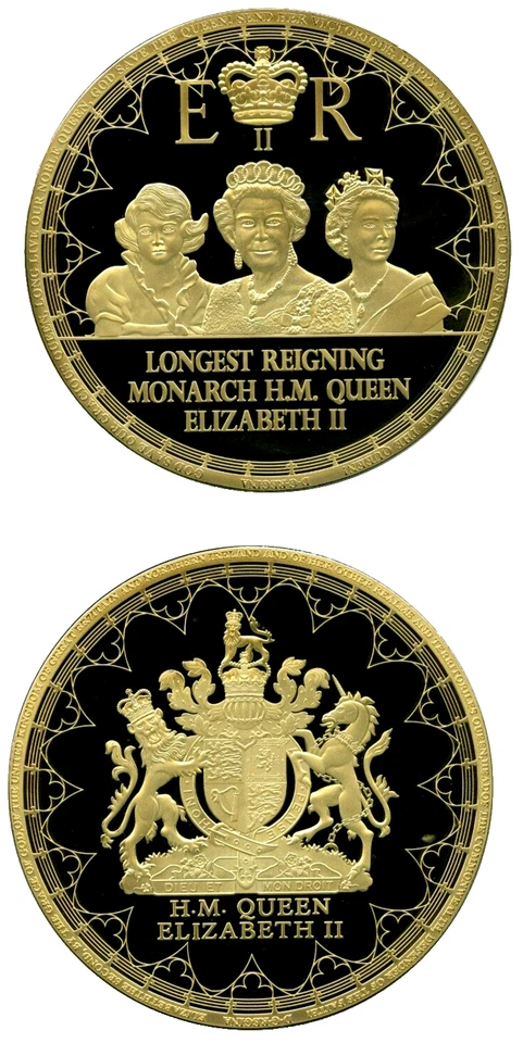 KÖNIGIN ELIZABETH II LÄNGSTE REGIERENDE MONARCHIN Gigant Medaille NEU OVP 100mm - Bild 1 von 1