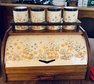 Vintage 1970s Floral Roll Top Bread Box & 4 Canister Set w/Rack Harvest Decor