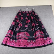 Vintage German Trachten Border Print Midi Skirt Sz 40 S Black Pink Bird Cotton