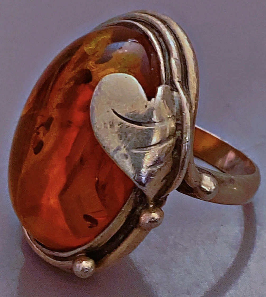 Bague Ancienne Ajustable En Argent Massif Et Pierre Ambrée Naturelle - Bijou Vintage Femme