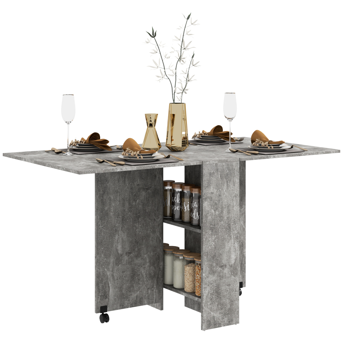 Homcom Grey Folding Kitchen Table, Drop Leaf Dining Table For Small Spaces W/ 2-Tier Shelves, Kitchen Table W/ Rolling Casters, Cement | Aosom Uk - Image 2