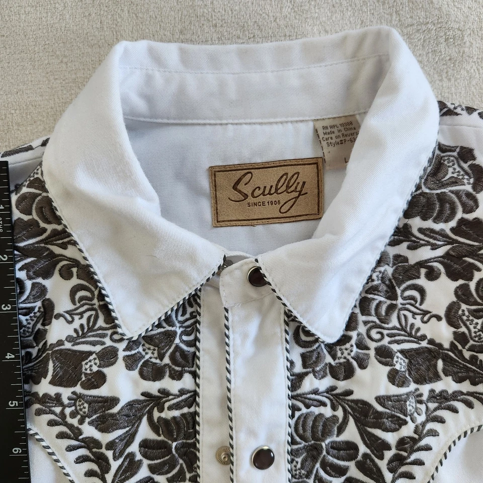 Рубашка мужская Scully L белая серебристая с цветочной вышивкой жемчуг застежка вестерн винтаж - Изображение 3 из 4