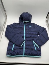 Under Armour Puffer Jacket Youth XL Hooded ColdGear Navy Aqua Trim Full Zip