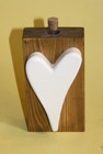 Wooden vase w/ heart on front with test tube glass vase inside