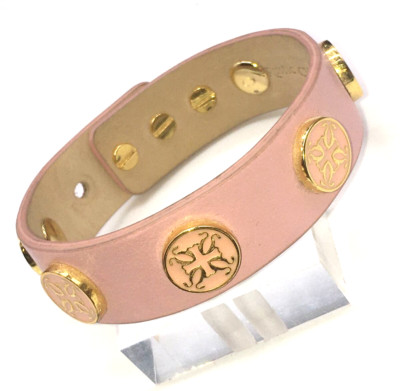 Rustic Cuff Pink Enamel Gold Tone Logo Button Pink Leather Bracelet 8.25 