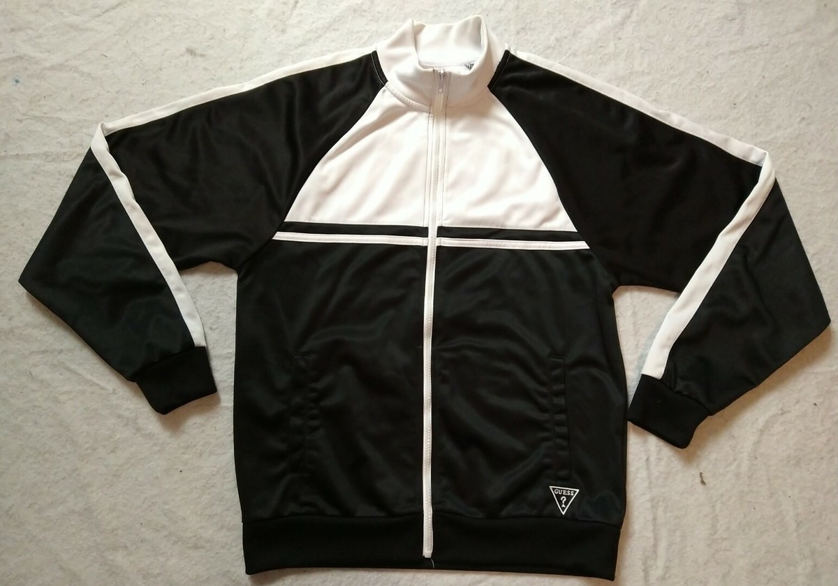 Guess Mens Black White Full Zip Sleeve Logo Jacket Size small