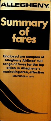 Allegheny Airlines Summary of Fares November 4 1977 Airplane