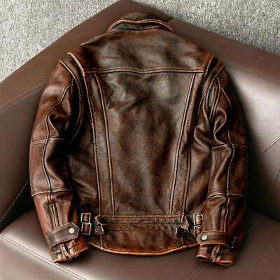 Men's Motorcycle Real Leather Jacket Vintage Distressed Waxed