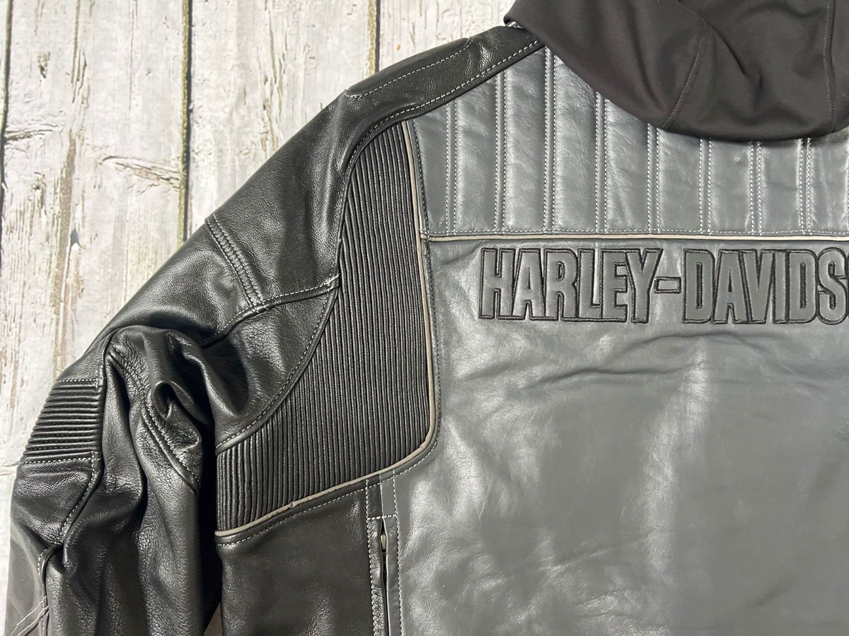 Harley Davidson Men's Reversion Black Grey Leather Jacket Hoodie