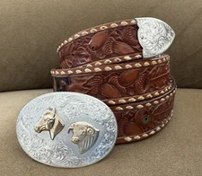 VTG Schaezlein For Shoup Sterling Silver Gold Cow & Horse Belt Buckle & Tip Set