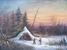 FEREY Painting French 19th Snowy Landscape Sunset Hunters Cabin Oil on Wood