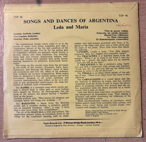 LEDA AND MARIA * SONGS AND DANCES FROM ARGENTINA * 7" EP TOPIC TOP 46 PLAYS OK - Picture 2 of 4