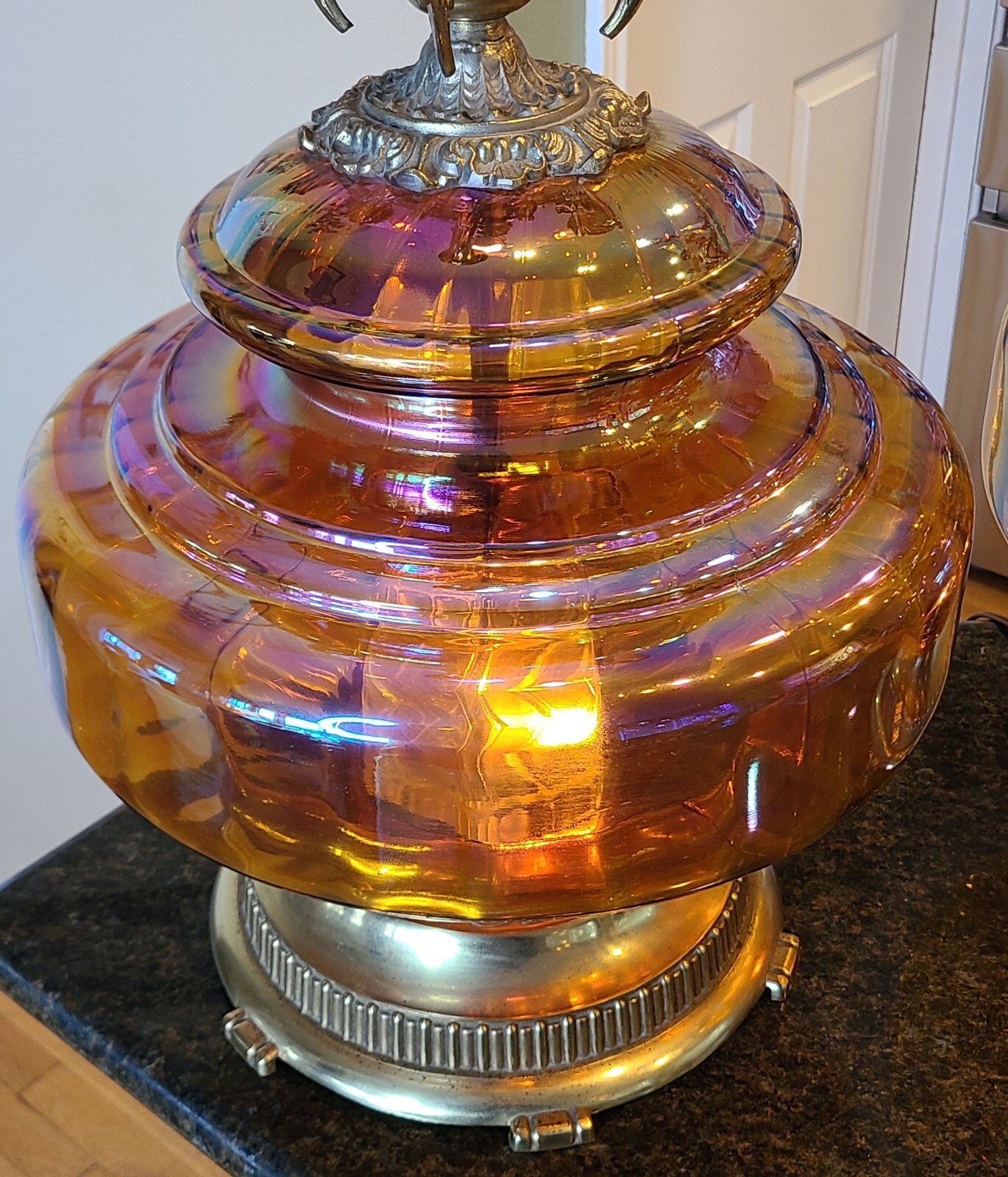 Mid Century Modern Hollywood Regency Iridescent Amber Glass Table Lamps PAIR XL