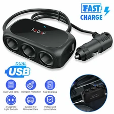 3 Way Car 120W Cigarette Lighter Socket Splitter Dual USB Charger Power Adapter