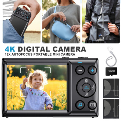 4K UHD Digitalkamera 64MP Fotokamera 18X Digitalzoom Tragbar Kompaktkamera &32GB