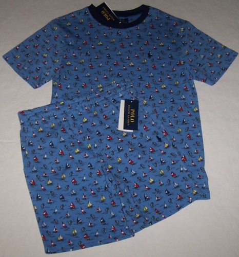 NWT Polo Ralph Lauren $104 Blue SAILBOATS & ANCHORS Shorts/Shirt SET Boy M 10/12 - Picture 2 of 5