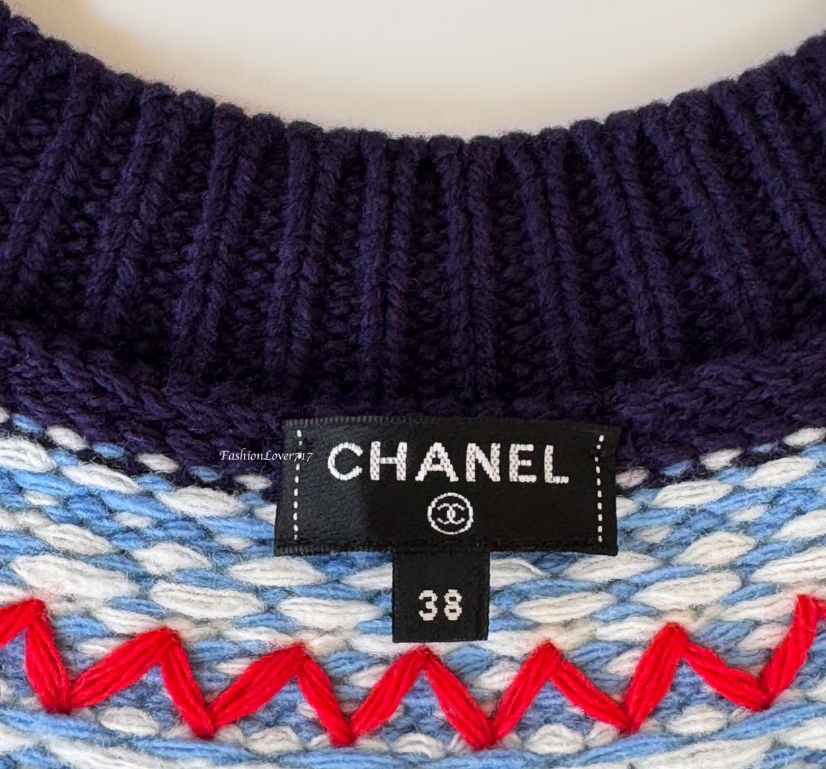 CHANEL 18B COCO NEIGE CC LOGO NAVY BLUE ECRU RED SWEATER PULLOVER