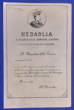 Attestato Medaglia Campagne d'Africa 1894 Ministero della Guerra Pergamena