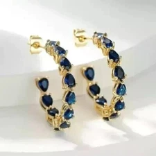 3.00 Ct Pear Cut Simulated Blue Sapphire 14k Yellow Gold Plated Hoop Earrings