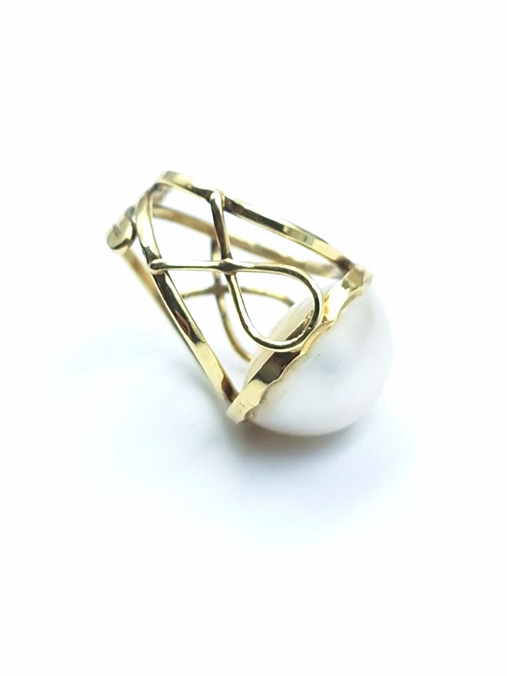 Anello Artigianale Da Donna In Argento 925 Perla 18 MM Australiana Oro Giallo - Immagine 4 di 4