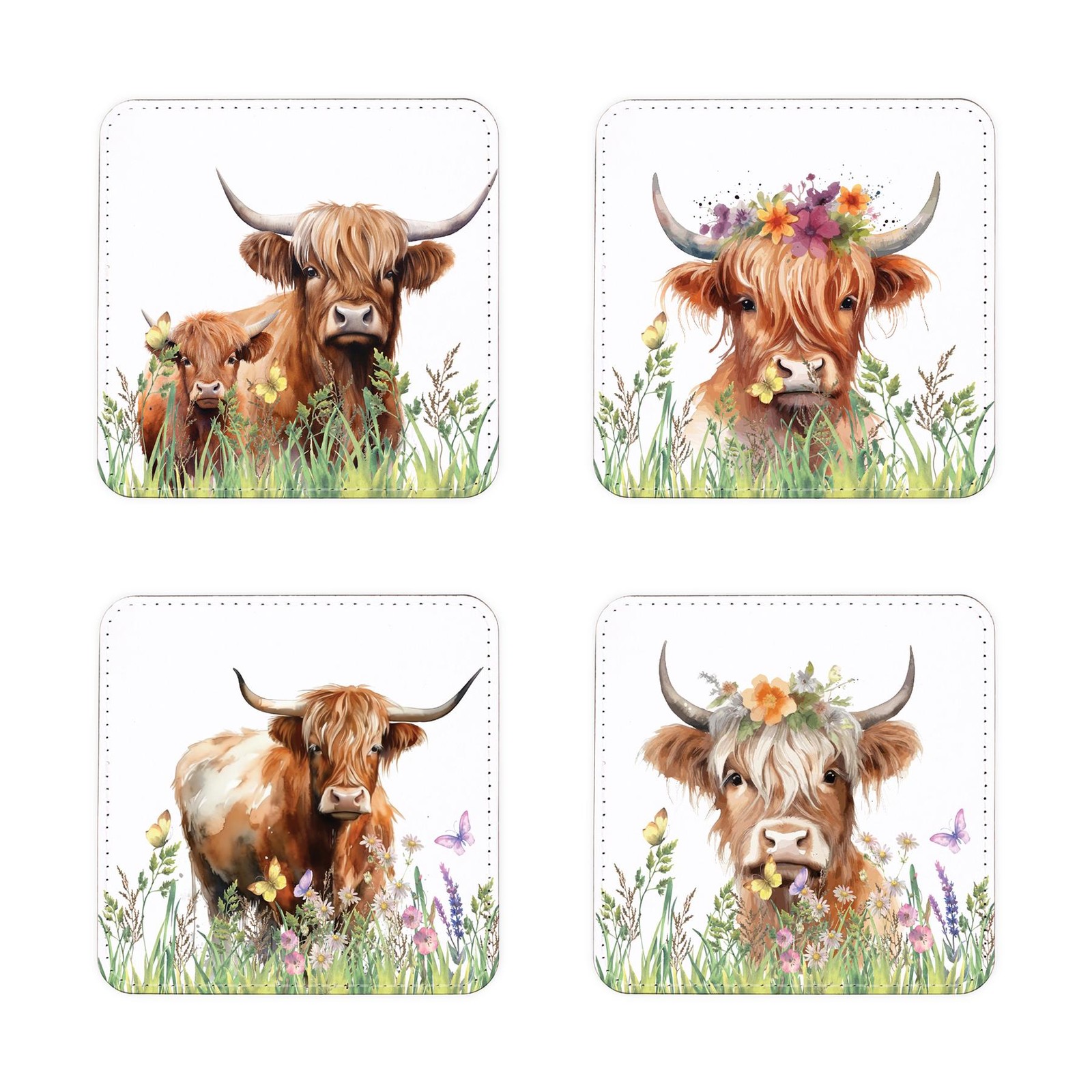 Set of 4 Highland Cows Faux Leather Square Coasters - Tableware Gift