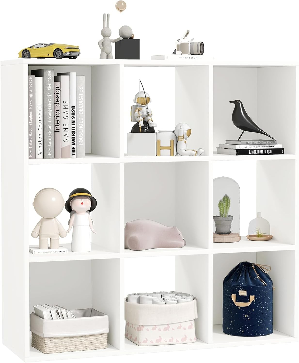 White 9-Cube Wood Bookshelf Storage Organizer for Home & Office