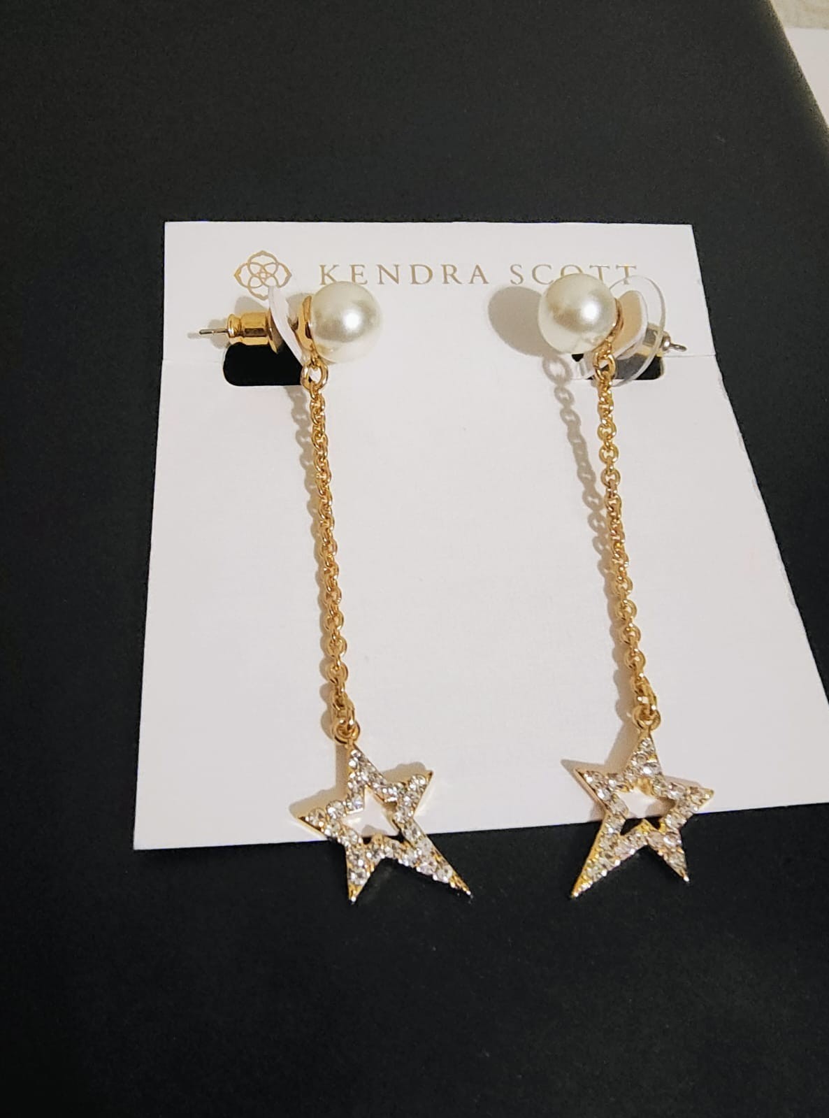 Kendra Scott Pearl Star Drop Earrings Gold Tone Chain Dangle Crystal Stars