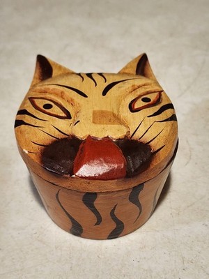 Carved Wood Painted Cat Face Trinket Box Folk Art