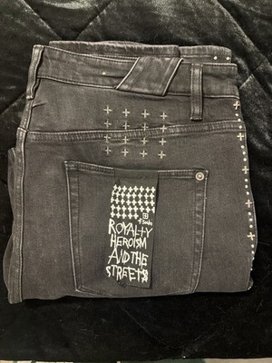 Ksubi Men s Black Dark Wash Skinny Slim Jeans Studded Logo 5-Pocket Button