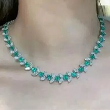 25Ct Emerald Lab Created Emerald  Diamond Tennis Necklace 14K White Gold Plated