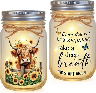 Highland Cow Inspirational Gifts Women Double-Sided Decorative Mason Jar Light