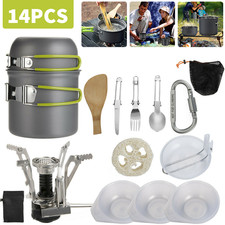 14pcs Camping Cookware Set Hiking Picnic Cooking Bowl Pot Pan Knife Spoon Kit UK